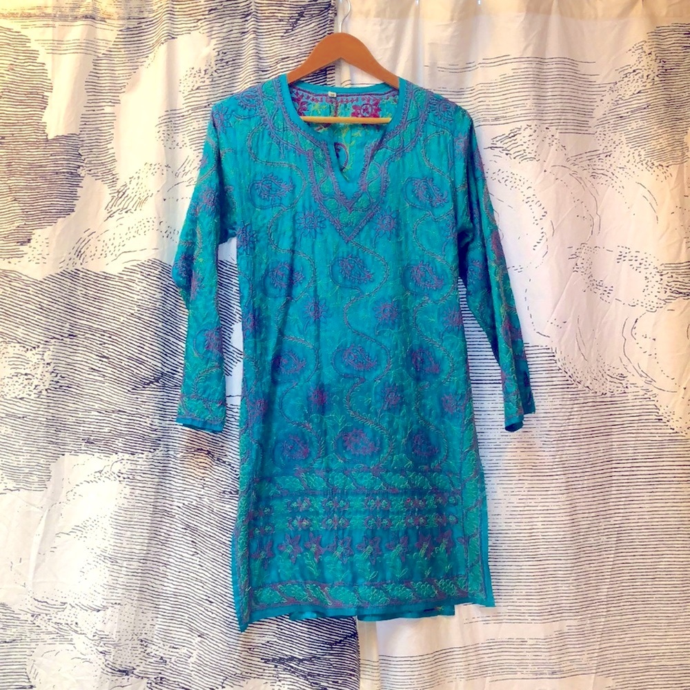 Hand-embroidered Silk Turquoise Tunic Sz. M from India